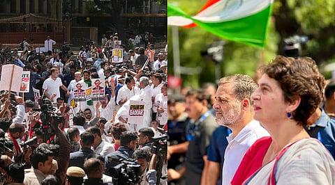 Leaders from the INDIA bloc during a protest march from Parliament toward the Election Commission of India (ECI) office, , in New Delhi, Tuesday, Oct. 6, 2026.