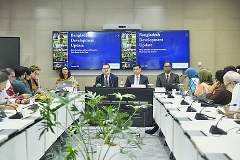 World Bank officials and members attend the launch of the latest Bangladesh Development Update at WB's office in Agargaon, Dhaka on Tuesday.
