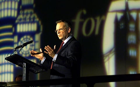London Mayoral Candidate Jeffrey Archer addresses Conservative delegates at the hustings in London's Methodist Hall, September 14, 1999 