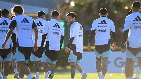 Argentina's Lionel Messi and teammates during training.