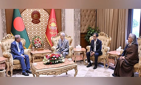 A delegation of the Board of Trustees of East West University paid a courtesy call on President Mirza Fakhrul Islam Alamgir at Bangabhaban on Tuesday.
