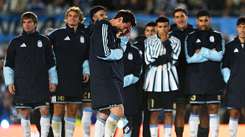 Argentina's Lionel Messi speaks to fans following his final international match.