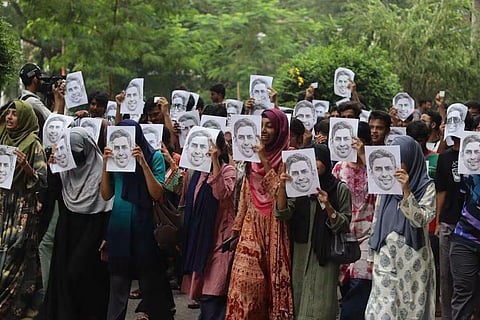 Students of CUET hold a protest against the appointment of the new vice-chancellor as the university shutdown enters its 16th day.