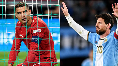 Portugal's Cristiano Ronaldo (L), Argentina's Lionel Messi.