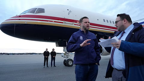 US Vice President JD Vance is interviewed by Reuters reporter Jacob Bogage before a campaign rally at Fairbanks International Airport in Fairbanks, Alaska, US, October 5, 2026.