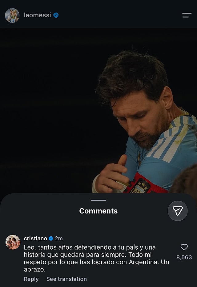 Cristiano Ronaldo comments on Lionel Messi's post.