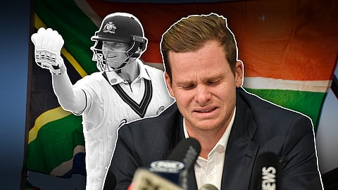 A composite created on Tuesday, October 6, 2026 featuring Steve Smith ahead of his first Test series in South Africa since the 'sandpapergate' ball-tampering scandal in 2018.