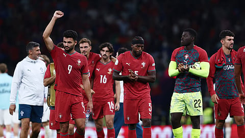 Portugal players celebrate after their 2–1 Nations League win over Norway at Estadio do Dragao in Porto, Portugal.
