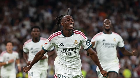 Real Madrid's Yan Diomande celebrates scoring their first goal.