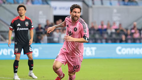 Inter Miami CF forward Leo Messi (10) celebrates after scoring against the D.C. United during the second half at Nu Stadium.
