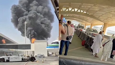 Smoke and flames rise from King Khalid Airport, after Yemen’s Iran-backed Houthis said they attacked the airport, in Riyadh, Saudi Arabia, October 8, 2026, in this screengrab obtained from a social media video. 