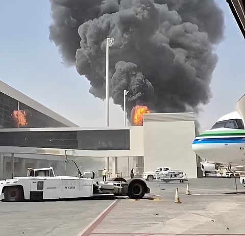 Smoke and flames rise from King Khalid Airport, after Yemen’s Iran-backed Houthis said they attacked the airport, in Riyadh, Saudi Arabia, October 8, 2026, in this screengrab obtained from a social media video. 