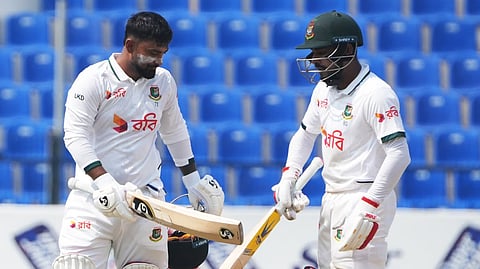 Bangladesh's Litton Das and Mehidy Hasan Miraz on Day 4 of the one-off Test against Afghanistan at the Zayed Cricket Stadium in Abu Dhabi, UAE on Monday.
