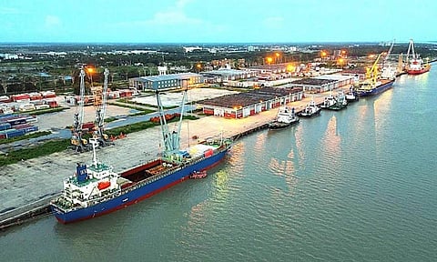 Ships are anchored at Mongla Port in Bagerhat.