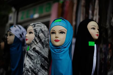Hijabs are displayed at a bazaar in Lankaran in southern Azerbaijan.