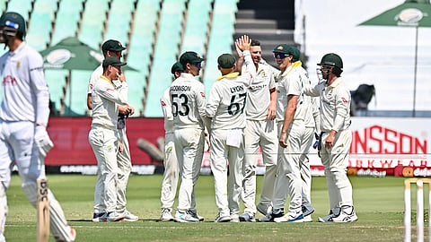 Australia celebrate after Josh Hazlewood bowls South Africa’s Marco Jansen for 35 on day five of the first Test.