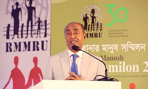 Law, Justice and Parliamentary Affairs Minister Md Asaduzzaman on Tuesday addresses the inaugural session of the 'Shonar Manush Sammilon-2026', organised by the Refugee and Migratory Movements Research Unit.