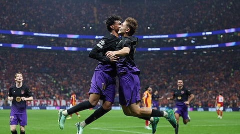 FC Barcelona's Fermin Lopez celebrates scoring their second goal with Lamine Yamal.