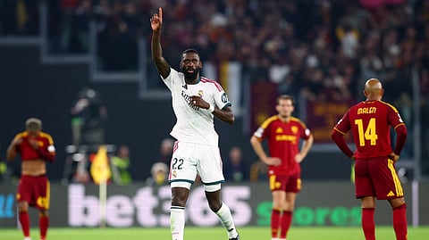 Real Madrid's Antonio Rudiger celebrates scoring their fourth goal.