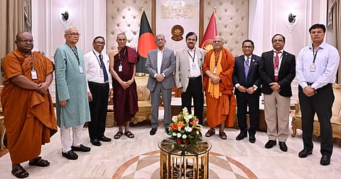 President Mirza Fakhrul Islam Alamgir meets a nine-member delegation led by Buddhapriya Mahathero, president of the Bangladesh Bouddha Kristi Prachar Sangha, at Bangabhaban on Wednesday.