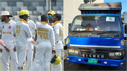 Rajshahi cricketers in the National Cricket League (NCL) and the BCB covered van from which their luggage was stolen.
