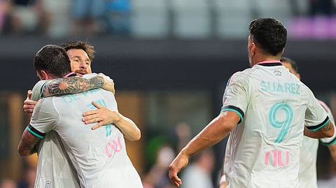Inter Miami CF midfielder Rodrigo de Paul (7) celebrates with forward Leo Messi (10) after scoring against New York City during the first half at Nu Stadium.