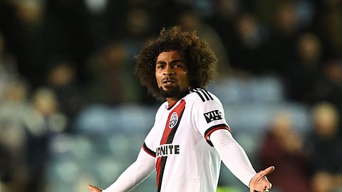 Hamza Choudhury reacts after being sent off following a second yellow card during the Sky Bet Championship 2026/27 match between Portsmouth and Sheffield United.