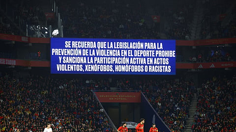 A big screen displays an anti-discrimination message inside the stadium during the friendly match between Spain and Egypt. 