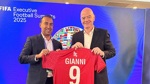 BFF president Tabith Awal with FIFA president Gianni Infantino.