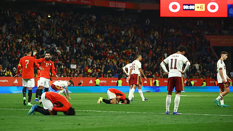 Egypt players react after the international friendly against Spain at RCDE Stadium in Cornella de Llobregat, Spain, on 31 March 2026.