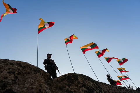 Soldiers of the Shan State Army (SSA) stand guard during the celebrations for the 79th Shan State National Day at Loi Tai Leng, the Restoration Council of Shan State's (RCSS) headquarters, in Shan State, Myanmar, February 7, 2026. 