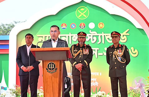 Prime Minister Tarique Rahman addresses a National Standard Awarding Ceremony at Savar Cantonment on October 18, 2026