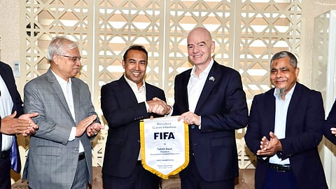 FIFA President Gianni Infantino meets BFF President Tabith Awal and the federation’s vice-presidents at Hazrat Shahjalal International Airport in Dhaka.