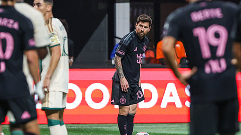Inter Miami CF forward Leo Messi (10) waits to kick the ball against the Atlanta United during the first half at Mercedes-Benz Stadium. 