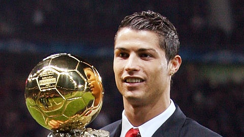 Cristiano Ronaldo after winning his first Ballon d'Or for the 2008 season with Manchester United.