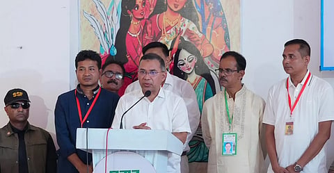 PM Tarique exchanges greetings with members of the Hindu community at the historic Radha Gobinda Dharmasabha Temple in Rangpur on Maha Navami