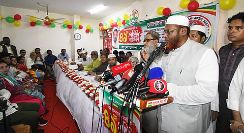 Bangladesh Jamaat-e-Islami Secretary General and former lawmaker Mia Golam speaking as chief guest at the 49th founding anniversary of Bangladesh Labour Party at its central office in Segunbagicha, Dhaka, on October 21, 2026.