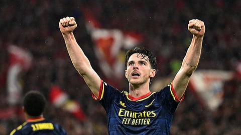Arsenal's Declan Rice celebrates after scoring the late equaliser.