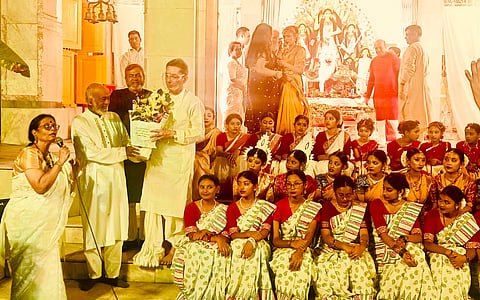 Moyeen Khan at Durga Puja celebrations at the Mirzapur residence of renowned philanthropist Ranada Prasad Saha in Tangail.