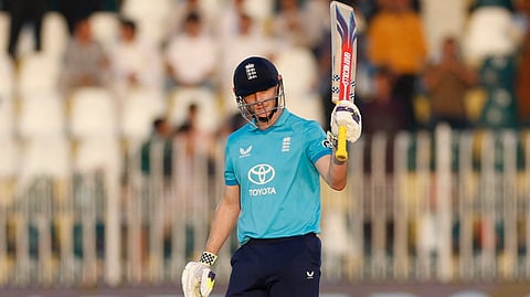 England's Harry Brook celebrates after reaching his double century.