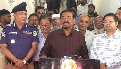 Jatiya Sangsad Speaker Hafiz Uddin Ahmad speaks to journalists at the district circuit house in Bhola.