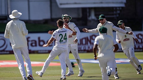 South Africa’s Wiaan Mulder (second left) celebrates Scott Boland’s dismissal with teammates on day five of the second Test against Australia.