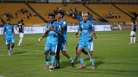 Fortis FC players celebrate after scoring against Regar-TadAZ in the AFC Challenge League.