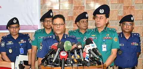 Inspector General of Police (IGP) Md Ali Hossain Fakir talks to talking to local journalists after a community policing meeting at Khulna Metropolitan Police Lines