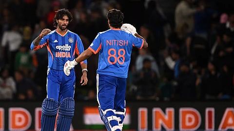 Tilak Varma and Nitish Kumar Reddy celebrate after guiding India to a thrilling four-wicket victory over New Zealand.