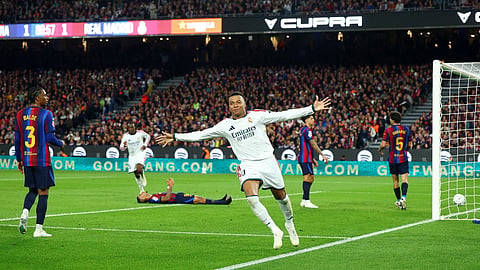 Real Madrid's Kylian Mbappe celebrates scoring their second goal.