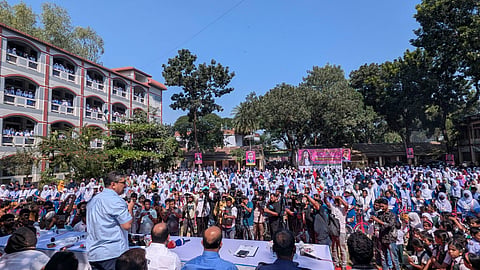 State Minister for Local Government Mir Shahe Alam speaks at a programme in Shibganj, Bogura, where 548 female students received free bicycles to mark Zaima Rahman’s birthday on Sunday