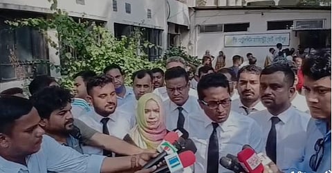 Advocates brief the media after a Gazipur court sent Moslem Ahmed, vice-principal of Qari-ul-Quran International Madrasah in Tongi, to jail in a case over the alleged sexual abuse of a Class-I girl on Sunday.
