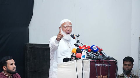 Bangladesh Jamaat-e-Islami Ameer and Leader of the Opposition Dr Shafiqur Rahman speaking at an event marking the anniversary of the signing of the July National Charter at the National Press Club in Dhaka on October 25, 2026.