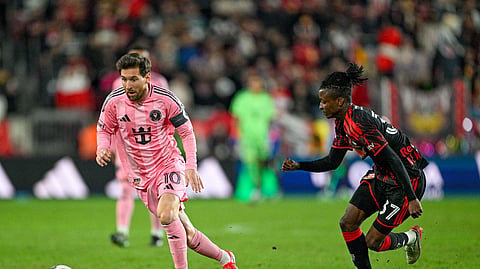 Inter Miami CF forward Leo Messi (10) dribbles against Red Bull New York forward Mohammed Sofo (37) during the second half at Sports Illustrated Stadium